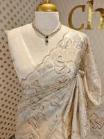 Organza with golden and silver metallic thread work and scallop border - Image 4