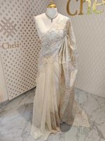 Organza with golden and silver metallic thread work and scallop border - Image 6