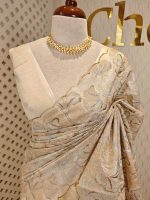Organza with golden and silver metallic thread work and scallop border - Image 7