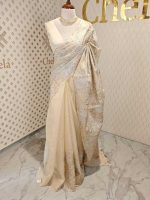 Organza with golden and silver metallic thread work and scallop border - Image 9