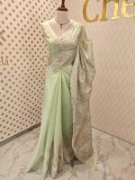 Organza with golden and silver metallic thread work and scallop border - Image 12