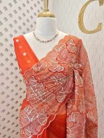 Organza with golden and silver metallic thread work and scallop border - Image 34