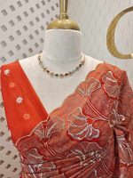 Organza with golden and silver metallic thread work and scallop border - Image 35