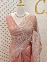 Organza with golden and silver metallic thread work and scallop border - Image 37