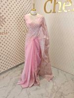 Organza with golden and silver metallic thread work and scallop border - Image 42