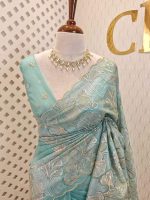 Organza with golden and silver metallic thread work and scallop border - Image 43
