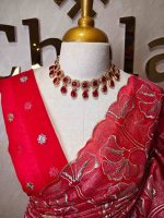 Organza with golden and silver metallic thread work and scallop border - Image 46