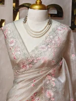 Crushed organza with contrast thread embroidery and pearl detailing - Image 17