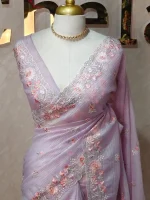 Crushed organza with contrast thread embroidery and pearl detailing - Image 13