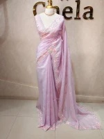 Crushed organza with contrast thread embroidery and pearl detailing - Image 15