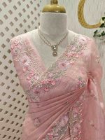 Crushed organza with contrast thread embroidery and pearl detailing - Image 29