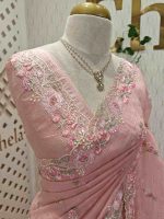 Crushed organza with contrast thread embroidery and pearl detailing - Image 31