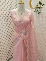 Crushed organza with contrast thread embroidery and pearl detailing - Image 28