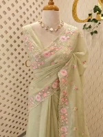 Crushed organza with contrast thread embroidery and pearl detailing - Image 19