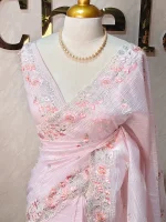 Crushed organza with contrast thread embroidery and pearl detailing - Image 10