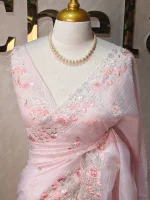 Crushed organza with contrast thread embroidery and pearl detailing - Image 11