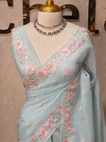 Crushed organza with contrast thread embroidery and pearl detailing - Image 7