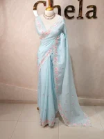 Crushed organza with contrast thread embroidery and pearl detailing - Image 9