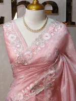 Crushed organza with contrast thread embroidery and pearl detailing - Image 2