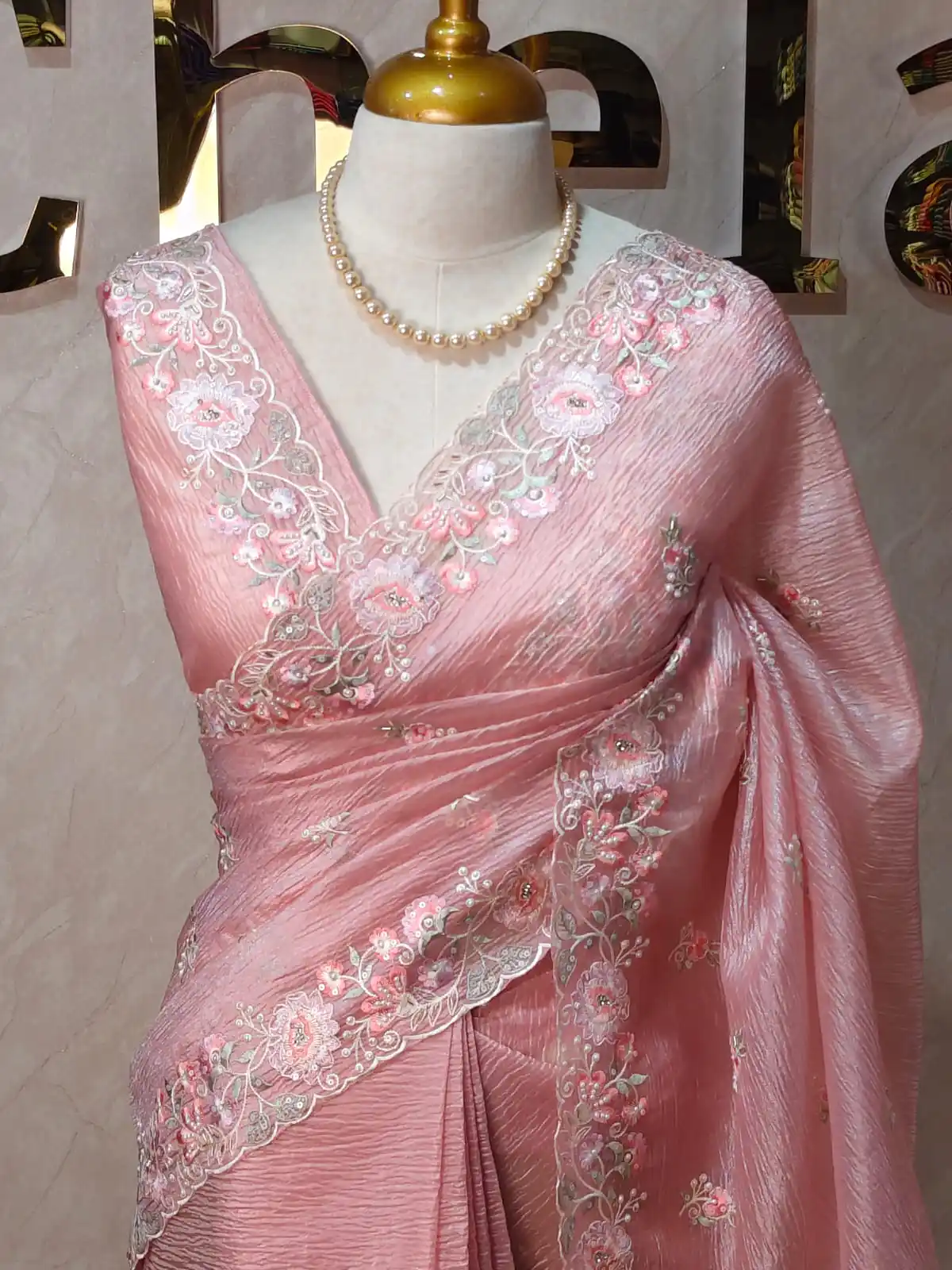 CCO0002-RS_00002 Crushed organza with contrast thread embroidery and pearl detailing - Image 1