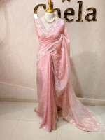 Crushed organza with contrast thread embroidery and pearl detailing - Image 3