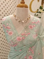 Crushed organza with contrast thread embroidery and pearl detailing - Image 23