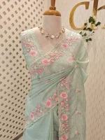 Crushed organza with contrast thread embroidery and pearl detailing - Image 24