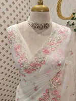 Crushed organza with contrast thread embroidery and pearl detailing - Image 27