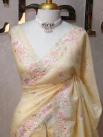 Crushed organza with contrast thread embroidery and pearl detailing - Image 4