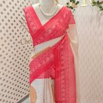 Linen saree with contrast circular print, contrast pallu and border