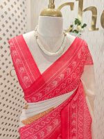 Linen saree with contrast circular print, contrast pallu and border - Image 2