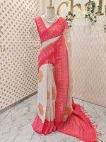 Linen saree with contrast circular print, contrast pallu and border - Image 3