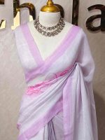Linen saree with abstract floral -inspired print and contrast border - Image 7