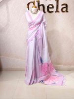 Linen saree with abstract floral -inspired print and contrast border - Image 9