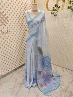 Linen saree with abstract floral -inspired print and contrast border - Image 6