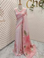 Linen saree with abstract floral -inspired print and contrast border - Image 3