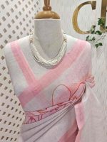 Linen saree with abstract floral -inspired print and contrast border - Image 2