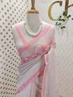 Linen saree with abstract floral -inspired print and contrast border