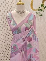 Linen saree with abstract geometric printed pallu and contrast border - Image 4