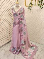 Linen saree with abstract geometric printed pallu and contrast border - Image 6