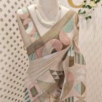 Linen saree with abstract geometric printed pallu and contrast border