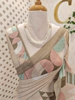 Linen saree with abstract geometric printed pallu and contrast border - Image 2