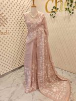 Linen saree with floral applique embroidery and Scalloped floral border - Image 3