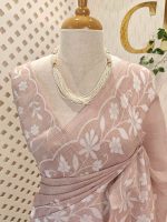 Linen saree with floral applique embroidery and Scalloped floral border - Image 2