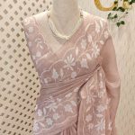 Linen saree with floral applique embroidery and Scalloped floral border
