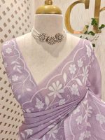 Linen saree with floral applique embroidery and Scalloped floral border - Image 5