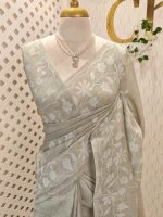 Linen saree with floral applique embroidery and Scalloped floral border - Image 7