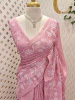 Linen saree with floral applique embroidery and Scalloped floral border - Image 10
