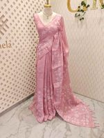 Linen saree with floral applique embroidery and Scalloped floral border - Image 12