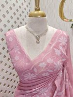Linen saree with floral applique embroidery and Scalloped floral border - Image 11